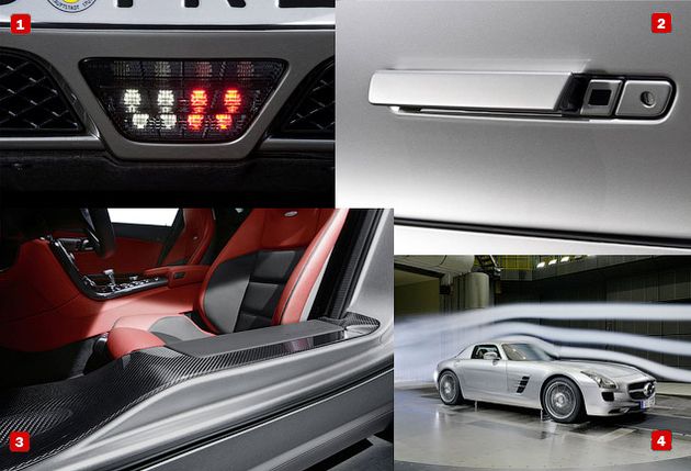 1 Дополнительный стоп-сигнал с противотуманной фарой, расположенный по центру заднего диффузора, выполнен в стиле аналогичного элемента у болидов Формулы-1 2 Дверные ручки выдвигаются, когда двери разблокированы с чип-ключа или открыты изнутри, а затем прячутся в кузов при начале движения автомобиля 3 Широкие пороги отделаны карбоном и имеют кожаную вставку, на которую можно облокотиться при выходе из машины. В передней части порог занижен для удобства посадки 4 Коэффициент аэродинамического сопротивления SLS AMG - 0,36. Не самый рекордный показатель