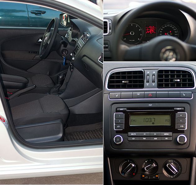 Тестовый "Поло" седан в топовой комплектации Highline был оборудован "базовым" полуавтоматическим кондиционером и аудиосистемой с поддержкой MP3-формата. Однако по желанию за дополнительную плату кондиционер можно поменять на климат-контроль, а штатную аудиосистему - на магнитолу с USB-входом и кнопками управления на мультифункциональном рулевом колесе. Это оборудование входит в "Премиум-пакет" вместе с задним парктроником, боковыми подушками безопасномти и отделкой кожей рулевого колеса и рычага коробки передач. Стоимость пакета - 67 тысяч рублей