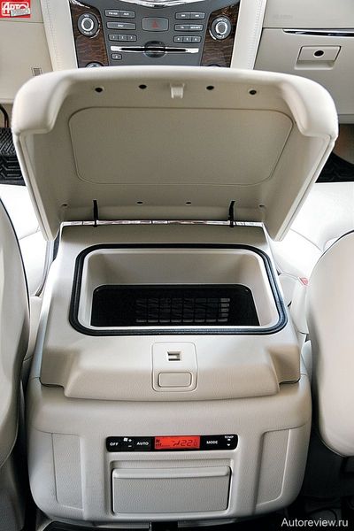 Крышка огромного охлаждаемого бокса между передними креслами (в него входит шесть пол-литровых бутылок с водой) открывается на две стороны. Ниже — пульт управления климат-контролем для пассажиров второго ряда сидений