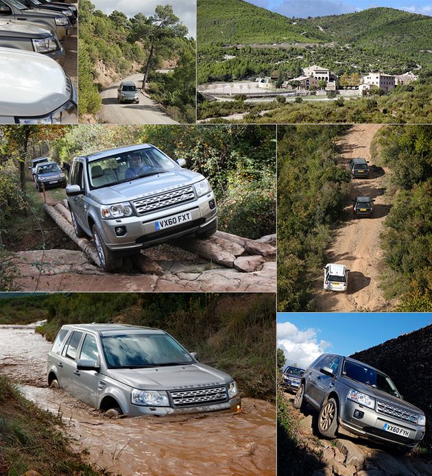 У испанской школы Land Rover Experience - собственная резиденция у подножья гор, примерно в 80 километрах от Барселоны. Никакой специальной подготовки наши машины не проходили - просто сели и поехали.  На горном маршруте были и бревенчатые мосты через расселины, и грязные лужи (правда, с довольно плотным дном), и каменистые подъемы и спуски. Был даже отрезок с бродами - когда-то естественными, но затем явно облагороженными. Из машины, кажется что там очень глубоко, но на самом деле вода едва закрывает пороги "Фрилендера". Однако, даже по-настоящему глубоких луж кроссовер не боится - глубина преодолеваемого брода составляет 50 сантиметров